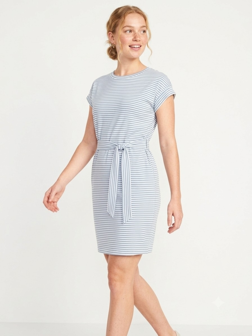 Light Blue Striped Tie-Waist Mini Dress